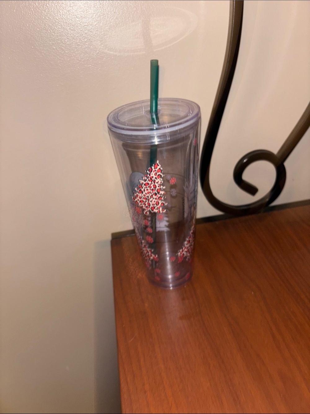 Starbucks Clear Tumbler with Green Straw and Red Floral Trees